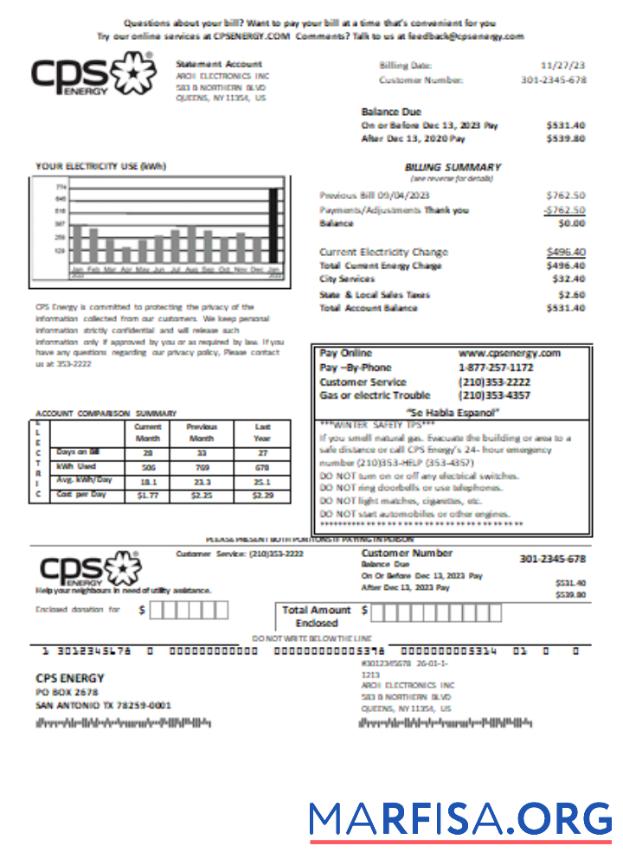 Printable CPS Energy utility business bill, SCR sample